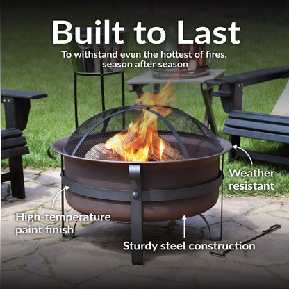 Sunnydaze 29-Inch Wood-Burning Outdoor Fire Pit - Bronze Cauldron Wood Fire Pit for Outside - Includes Poker and Spark Screen