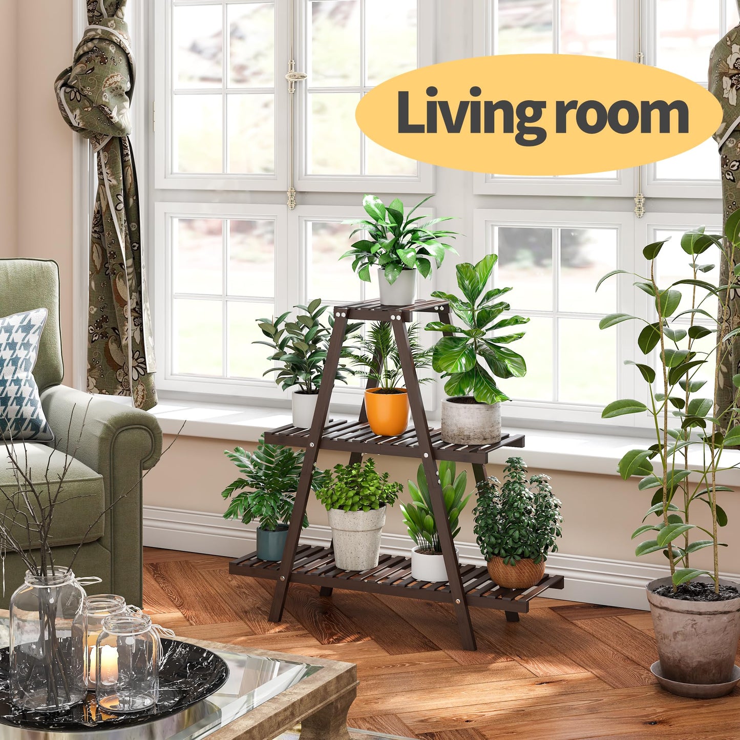 Furshus Plant Stand Indoor, Outdoor bamboo Plant Rack for Multiple Plants, 3 Tier 8 Potted Flower Holder Ladder,Plant Shelf Ladder Table Plant Pot Stand for Living Room, Patio, Balcony (Brown)