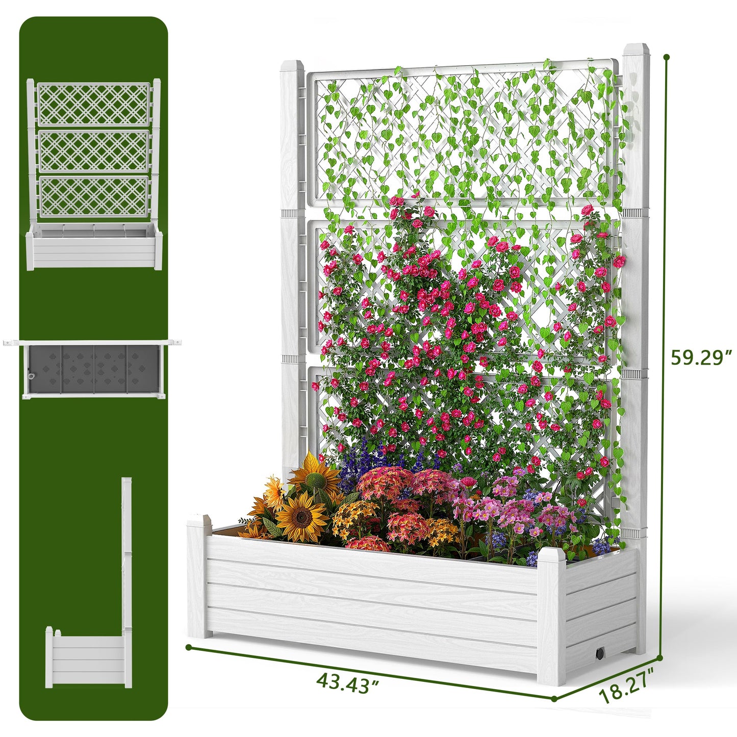 EasyUp Raised Garden Bed with Trellis for Climbing Plants, Outdoor Herb Planter Box with Drainage Plug & Water Gauge, Durable Resin for Patio, Balcony, Yard, Dust-Proof Garden Planter