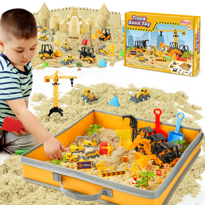 Billeeit Sand Construction Kit with Big Foldable Sandbox and 2.2lbs Moldable Sensory Play Sand, Truck Toys Including Castle Molds and Other Accessories - 36Psc Set Gifts for Kids 3+