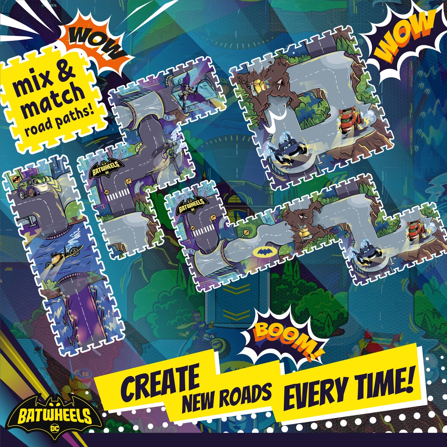 Batwheels EVA Foam Puzzle Mat - Soft, Non-Toxic Baby Play Mat for Tummy Time, Kids Preschool & Nursery - 16 Tiles, 12x12”, 24 Borders - Road Activity Gym Playmat for Boy & Girl Toddlers - KC Cubs