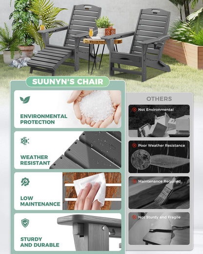 SUUNYN Folding Adirondack Chair with Retractable Ottoman, Weather Resistant Fire Pit Chair Patio Chair with 2 Cup Holder Lawn Outdoor Lounge Chair (Grey)
