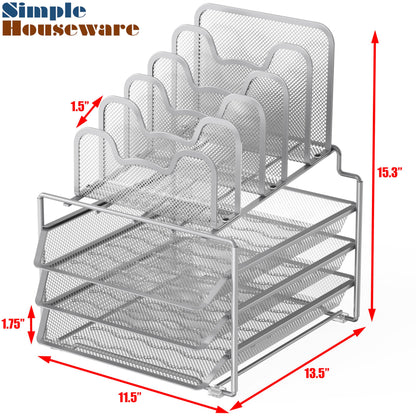 Simple Houseware Desk Organizer with 3 Sliding Tray and 5 Stacking Sections, Silver