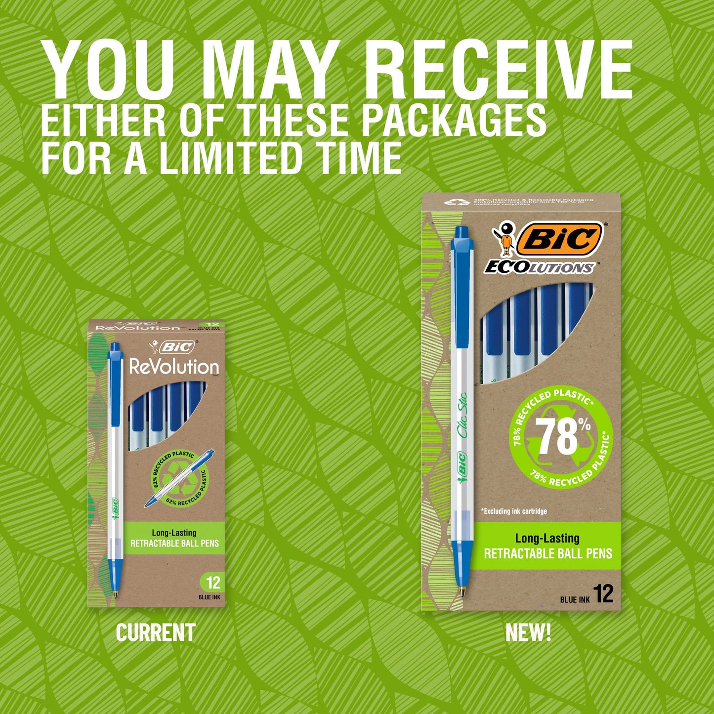 BIC Ecolutions Clic Stic Blue Ballpoint Pens, Medium Point (1.0mm), 48-Count Pack, Retractable Ball Point Pens Made from 78% Recycled Plastic