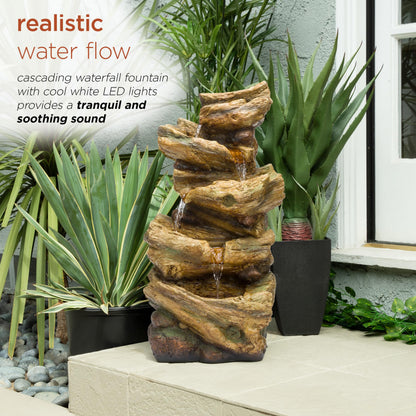 Alpine Corporation TZL226 Outdoor 4 Tier Log Tree Trunk Waterfall Floor Fountain with LED Lights, Tiered Garden Décor, 24" H, Brown