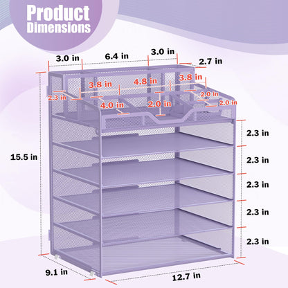 Docnest 6 Tier Mesh Desk Organizer for Paper Office Supplies – Multi-Functional Letter Tray with 5 Adjustable Compartments, 5 Pen Holders, Desktop Storage for Files, Mail, Stationery – Purple