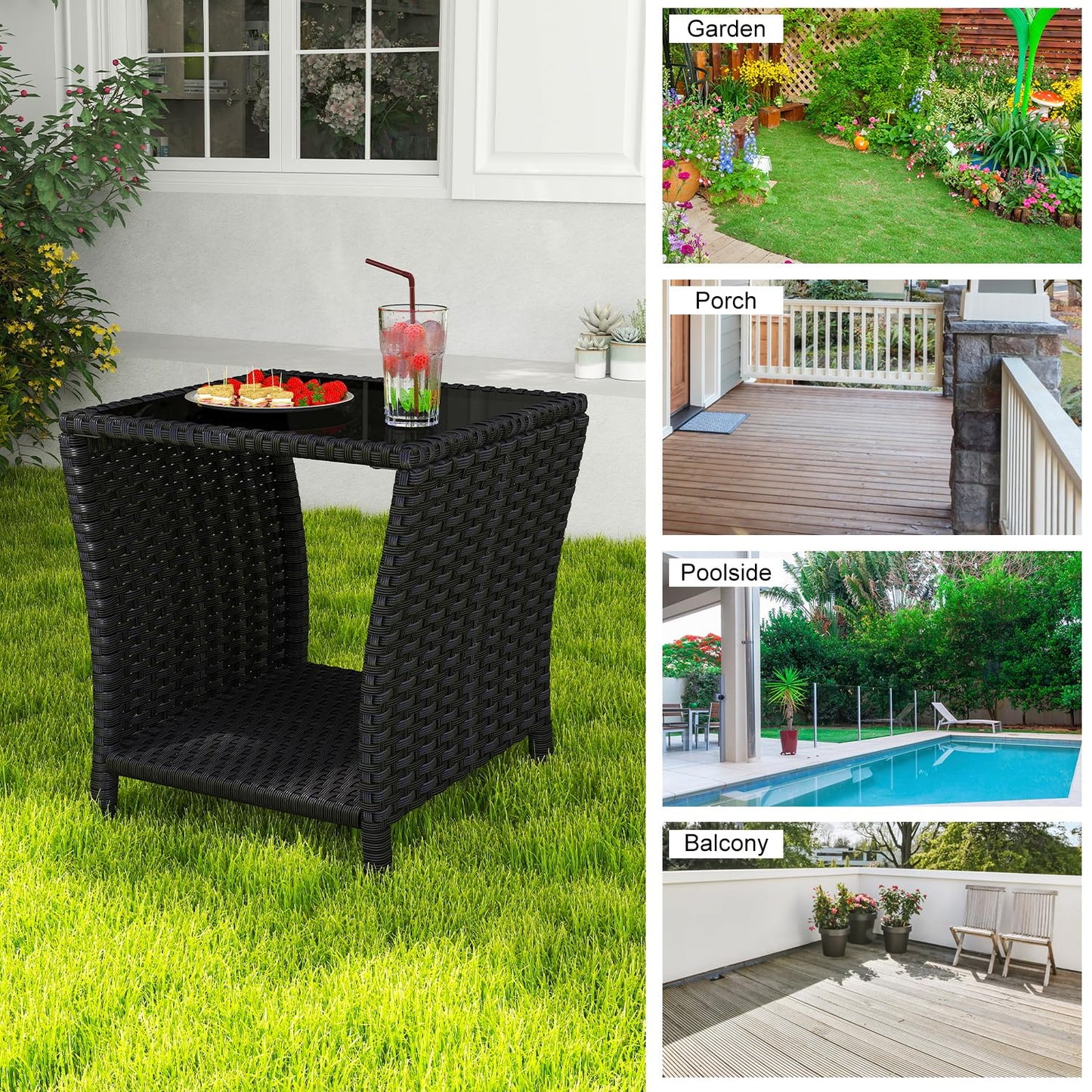 kinbor Small Outdoor Table - Tempered Glass Top Small Outdoor Wicker Side Table with Storage Shelf for Patio, Balcony & Porch, Durable PE Rattan & Iron Frame