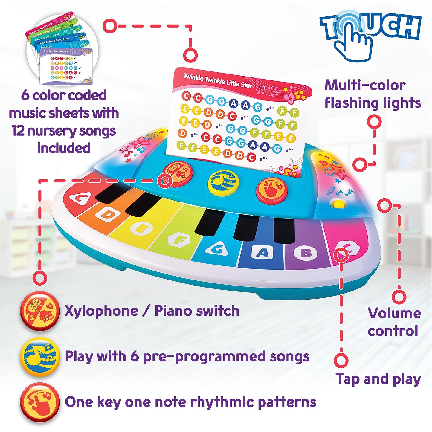 HAP-P-KID Magic Touch Baby Piano, Toddler Music Toy, Infant Touch Sensor Musical Instrument, Switch Between Xylophone, Kids Play Fun Gifts for 9 12 18 24 Month, 1 2 3 Year Old Boys Girls