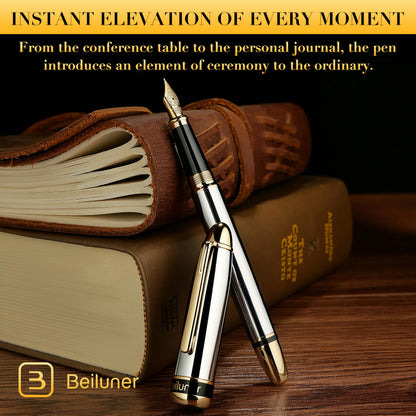 BEILUNER 315 Silver Chrome Fountain Pen,Stunning Luxury Pens with 24K Gold Accents, Gorgeous 24K Gilded Nib(Medium), Ink Converter,Fancy Pen Gift for Men&Women-Elegant, Office, Reliable, Nice Design
