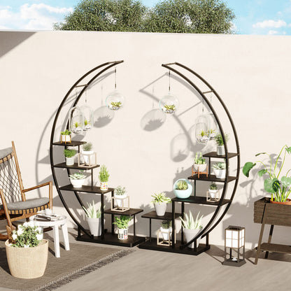 5 Tier Metal Plant Stand Indoor, 67.25“ Tall Half Moon Shape Multiple Stand Holder Shelf Planter Display, Hanging Shelf Flower Stand Ladder for Patio Garden Living Room, Black Set of 2