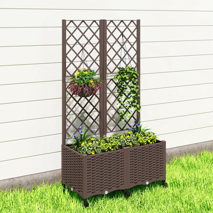 Outsunny Planter Box with Trellis, Self Watering Raised Garden Bed with Lockable Wheels, 56.3" Trellis Privacy Planter with Drainage Holes for Climbing Plants, Vines, Vegetables, Flowers, Brown