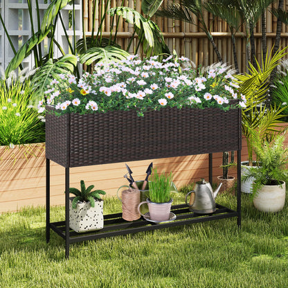 HAPPYGRILL Raised Garden Bed, Rattan Planter Raised Bed with Legs, Bottom Storage Shelf, Removable Liner, Drainage System, Wicker Elevated Planter Box w/Legs for Vegetables Flowers (40” x 12” x 28”)