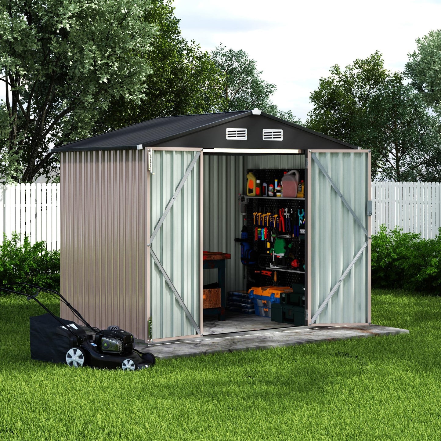 8x6ft Heavy Duty Outdoor Storage Shed, Metal Tool Shelter with Lockable Doors, Air Vents, Large Weatherproof Utility Building for Backyard Patio Lawn – Wind & Rain Resistant, UV Protection