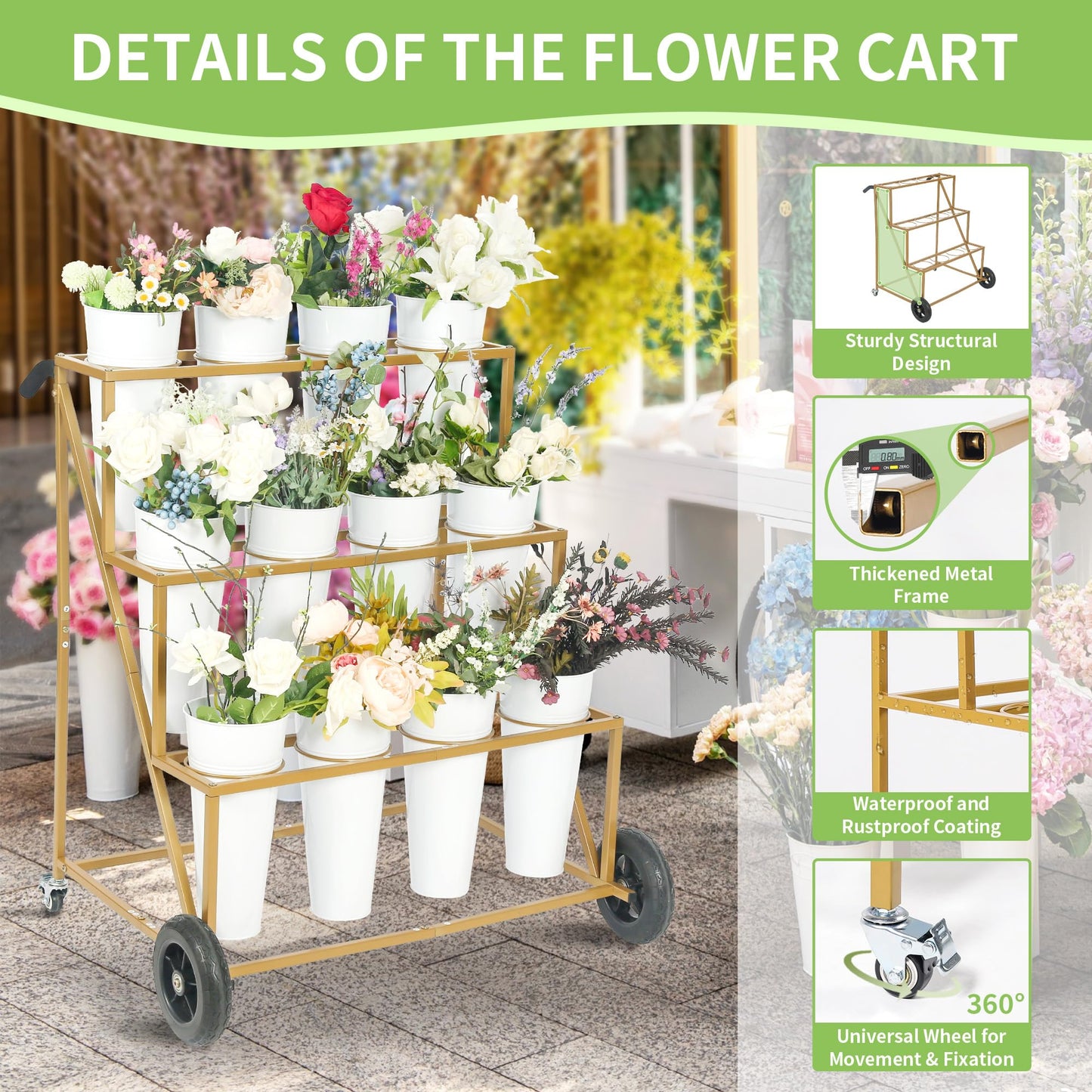 Ruifabo Flower Bar Stand with 12 Iron Buckets - Flower Display Stand with Big Wheels - Hand-Pushed Moving Flower Cart for Garden and Wedding - 3 Layers Gold Florist Bouquet Holder