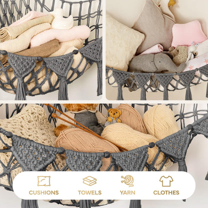 TIDYTEDS Macrame DreamLights Boho Stuffed Animal Storage Net or hammock Extra Large for Small or large Plushies. Plush Gray Toy Storage Holder