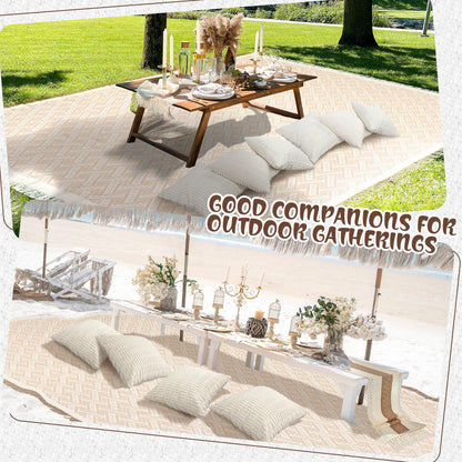 Beeveer Extra Large Outdoor Boho Picnic Blanket 181'' x 71'' Beige White Table Runner 6 Throw Pillow Cover Woven Cotton Yarn Oversize Beach Blanket Washable for Picnic Camp Wedding
