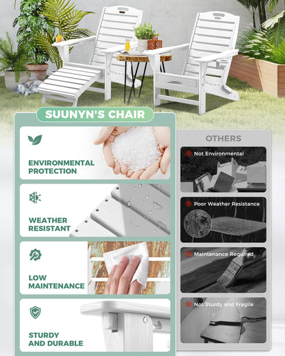 SUUNYN Folding Adirondack Chair with Retractable Ottoman, Weather Resistant Fire Pit Chair Patio Chair with 2 Cup Holder Lawn Outdoor Lounge Chair (White)