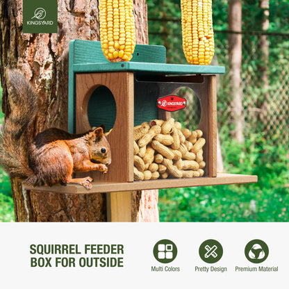 Kingsyard Squirrel Feeder Box for Outside, Recycled Plastic Squirrel Feeder Box with Corn Cob Holders, Easy to Refill & Clean, Weather-Proof Roof (Green)
