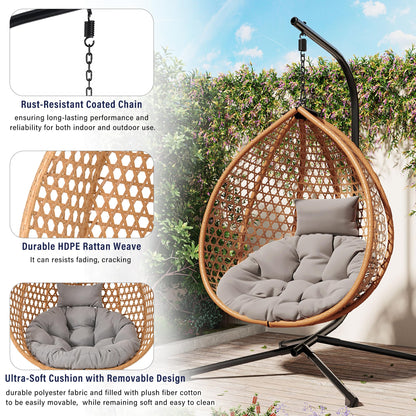 GDFStudio Hammock Chair with Stand, Rattan Weave Hanging Egg Chair with Cushion, Iron Frame Swing Ceiling Chair for Indoor Outdoor Patio Balcony Porch Garden, Patio Furniture, 330lbs, Brown+Gray
