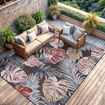 CAMILSON Indoor Outdoor Rug, Brown 6’x9’ Leaf Tropical Botanical Area Rugs for Indoor and Outdoor patios, Easy-Cleaning Non-Shedding Living Room, Garden and Kitchen Washable Outside Carpet (6x9)