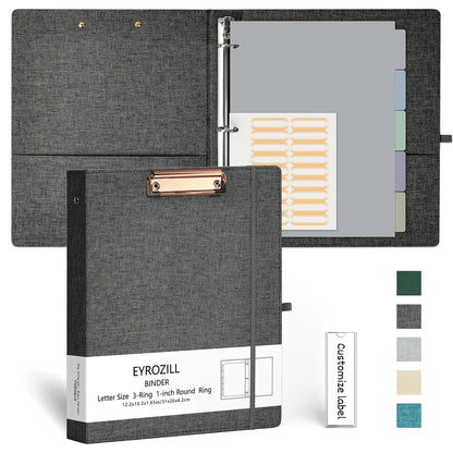 EYROZILL 3 Ring Binder, 1 Inch Linen Binder Organizer for Letter Size (8.5" x 11") with 5 Tab Dividers, File Folder Labels and Low Profile Clipboards, School and Office Supplies- Darkgrey