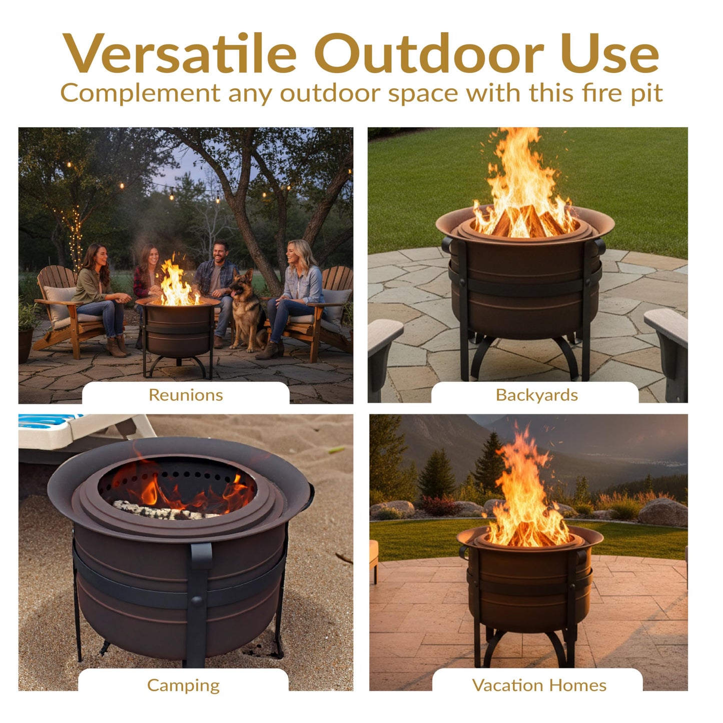 Sunnydaze 23-Inch Cauldron-Style Smokeless Wood-Burning Fire Pit with Cover and Poker - Steel Outdoor Smokeless Fire Pit for the Backyard