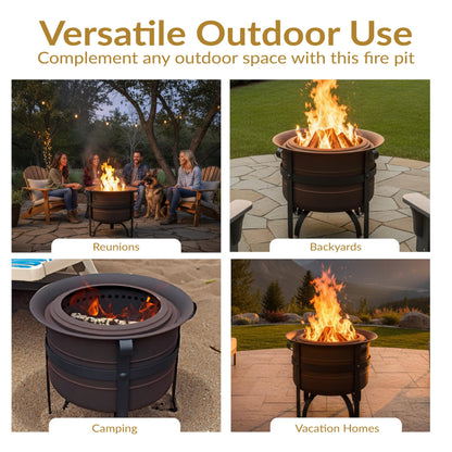 Sunnydaze 23-Inch Cauldron-Style Smokeless Wood-Burning Fire Pit with Cover and Poker - Steel Outdoor Smokeless Fire Pit for the Backyard