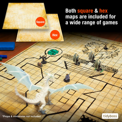 TIDYBOSS Dungeons and Dragons Foldable Battle Mats | 2 x Battle Grid Mats with Dungeon Master Screen | Wet & Dry Erase DND Board Game | DND Gifts & DND Accessories