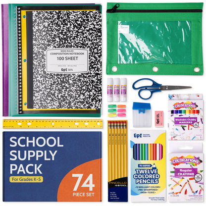 EPI Essentials Back to School Supplies for Kids – 74 Items in Kit – Kindergarten to 5th Grade School Supply Packs – Wide-Ruled Bundle with Composition Notebooks – Suitable for Homeschooling