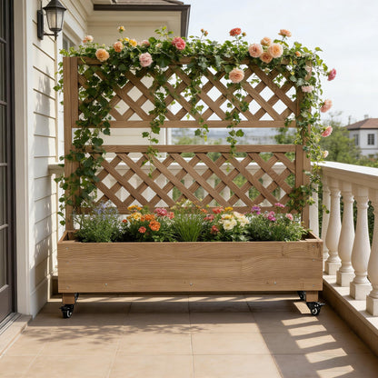 Raised Garden Bed with Wheels Outdoor, Large Garden Planter Box Tomato Flower Pots with Standing Diamond Lattice Trellis for Vegetables Vines Herbs Fruits & Climbing Plants (Grid Upright Trellis)