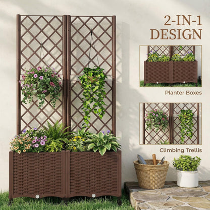 Outsunny Planter Box with Trellis, Self Watering Raised Garden Bed with Lockable Wheels, Privacy Trellis Planter with Drainage Holes for Climbing Plants, Vegetables, Flowers, 56.3", Brown
