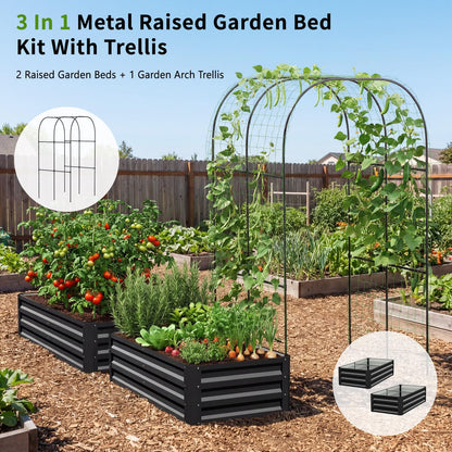 DoCred 3 in 1 Galvanized Raised Garden Bed, 2Pcs Metal Garden Planter Box with 87" H Trellis for Climbing Plants, Outdoor Gardening Raised Beds with Climbing Net for Fruits, Vegetables, Flower (Black)