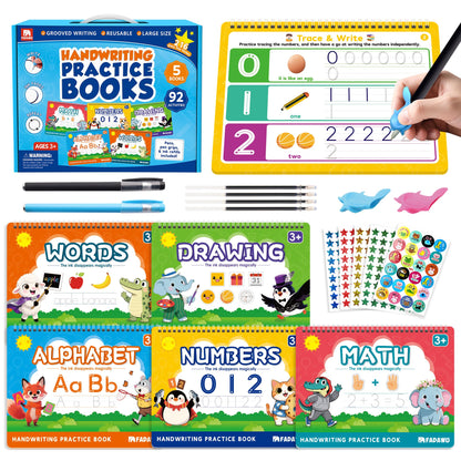 FADAWU Magic Grooved Writing Practice Books for Kids, Large Grooved Handwriting Copybook, Reusable Learn to Write Number Letter Preschool Tracing Workbook for Kids Ages 3-8, Birthday Gifts Toys