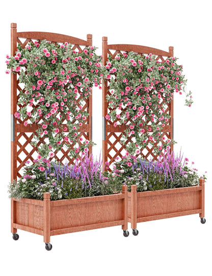 GarveeLife 2-Pack Tall Wood Planter Box with Trellis, 61.5" H Raised Garden Bed on Wheels, Vertical Stand Planter with Drainage Holes for Patio, Balcony & Outdoor Garden