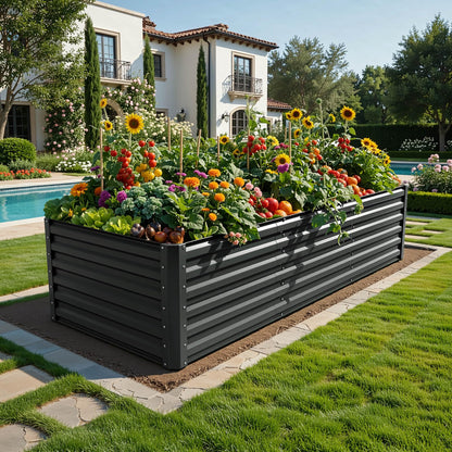 YITAHOME 96x48x24 in Galvanized Raised Garden Bed Kit, Large Metal Planter Box with Gloves, Safety Rubber & Support Rod, Outdoor Flower Bed for Plants Vegetables, Black