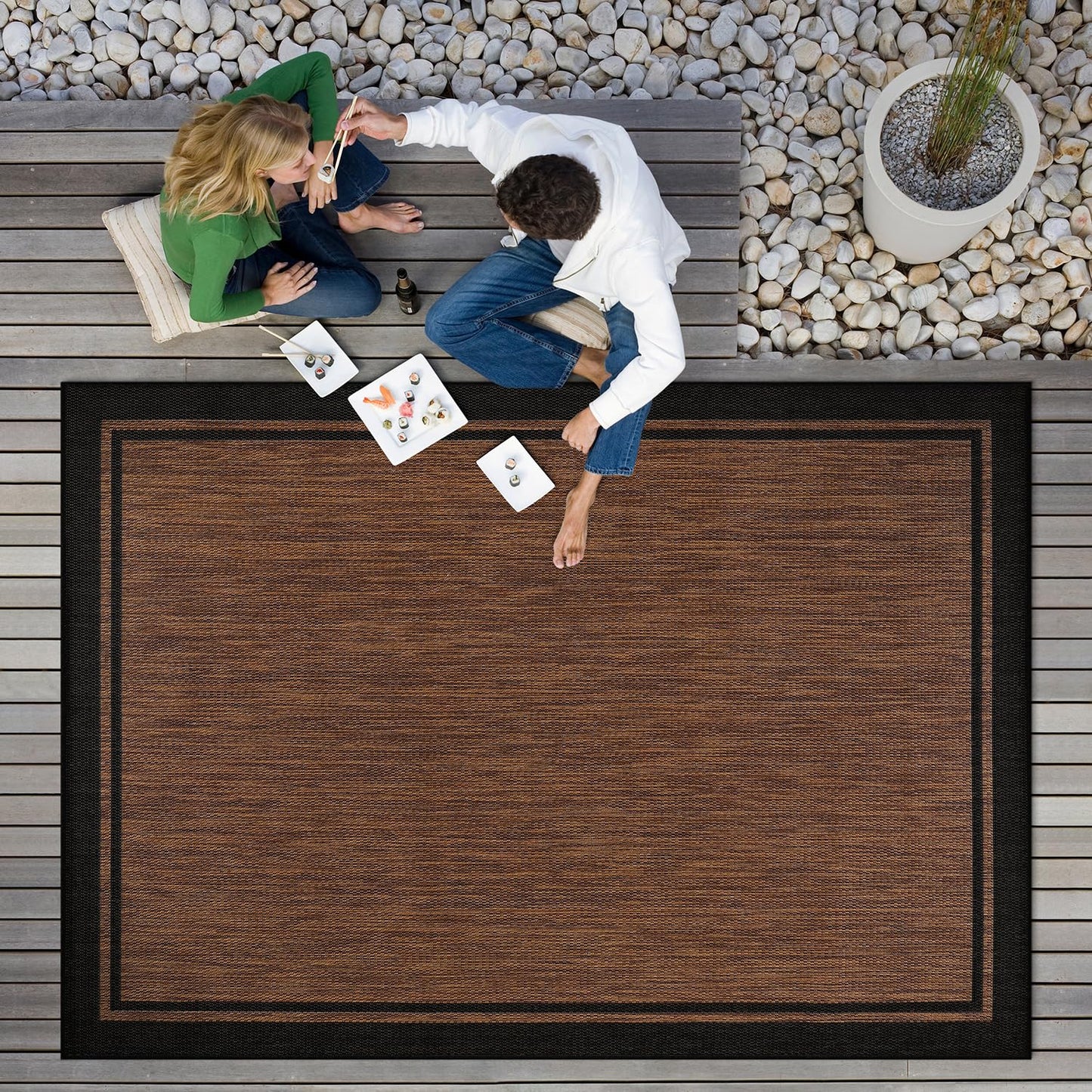 CAMILSON Indoor Outdoor Rug, 8x10 Bordered Nut Brown Black Modern Area Rugs for Indoor and Outdoor Patios, Kitchen and Hallway Mats, Washable Porch Deck Outside Carpet (Bordered Nut Brown, 8 x 10)