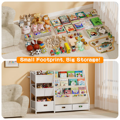 HAVLOTII Kids Bookshelf and Toy Storage - Book Shelf for Kids Rooms, Toddler Bookshelves Baby Bookcase for Nursery, Montessori Toy Organizer, 6 Toy Bins for Kids Toy Storage