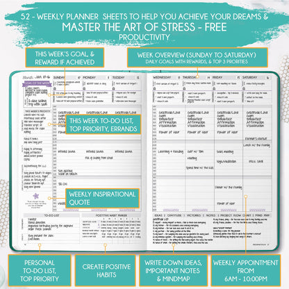 Life Planner - Undated Weekly & Monthly Planner, 12-Month Journey to Increase Productivity | Gratitude Journal, Life Organizer & Goal Journal | Include Foldable Vision Board, Habit Tracker & Stickers
