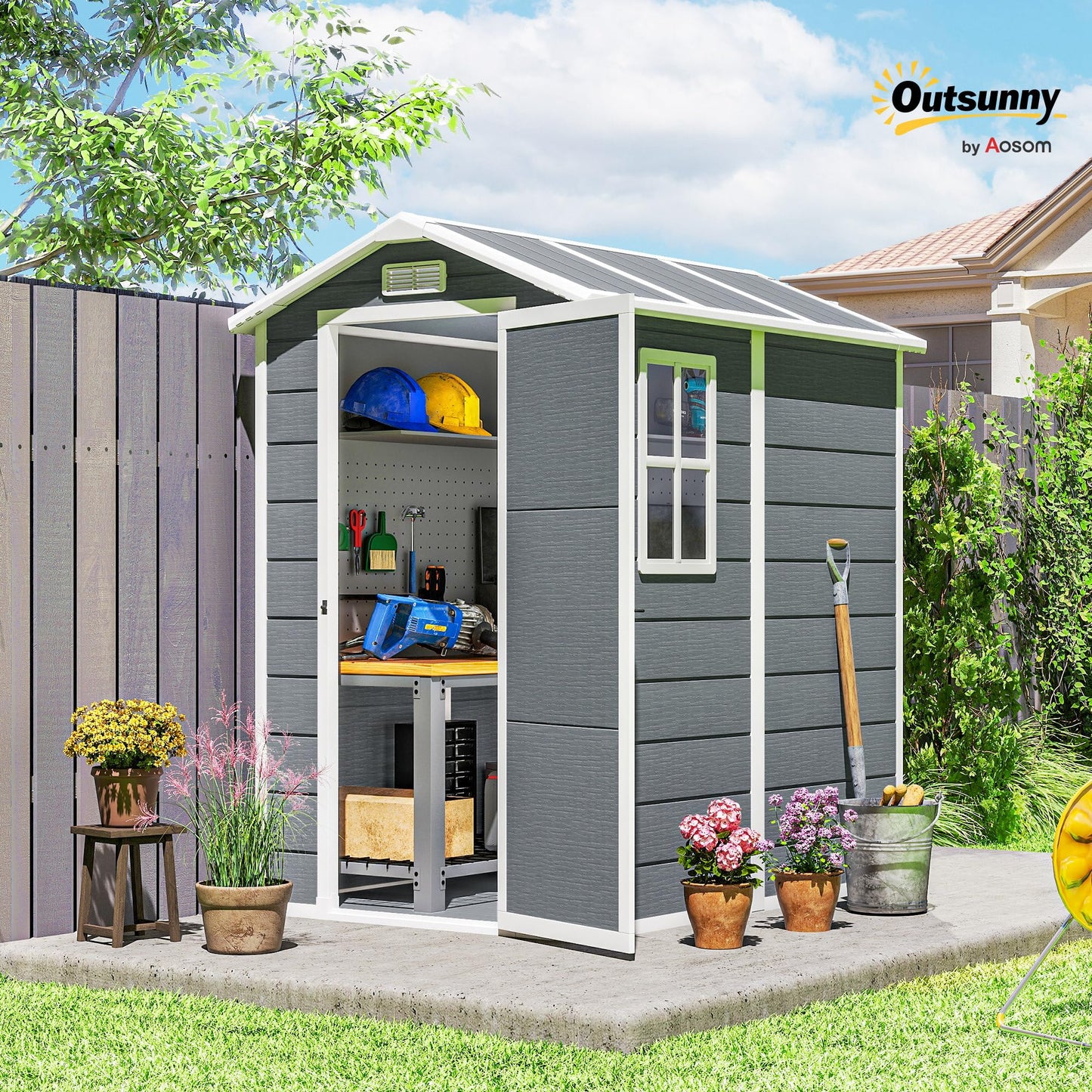 Outsunny 6' x 4' Outdoor Storage Shed, Waterproof Resin Plastic Shed with Floor, Window, Lockable Doors and Vents, All-Weather Garden Tool Shed for Backyard, Patio, Lawn, Gray