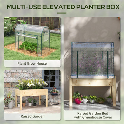 Outsunny Raised Garden Bed with Plastic Greenhouse Cover and Bed Liner, Outdoor Elevated Wood Planter Box for Herbs and Vegetables, Use for Patio, Backyard, Balcony, 45 x 24 x 65 inch, Natural