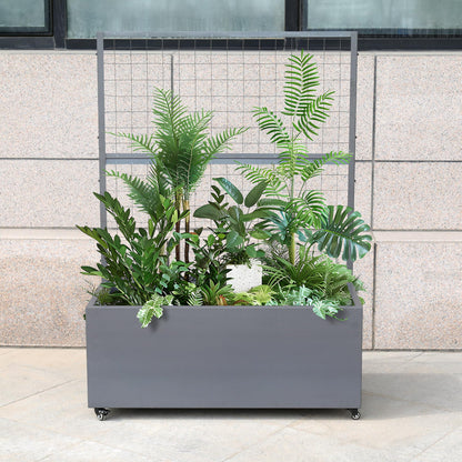 Metal Rolling Planter Box with Lattice Trellis, Modern Steel Planter Box Trellis Corten Trough Planter with Casters 66” x 46” x 21” (Original Metal)