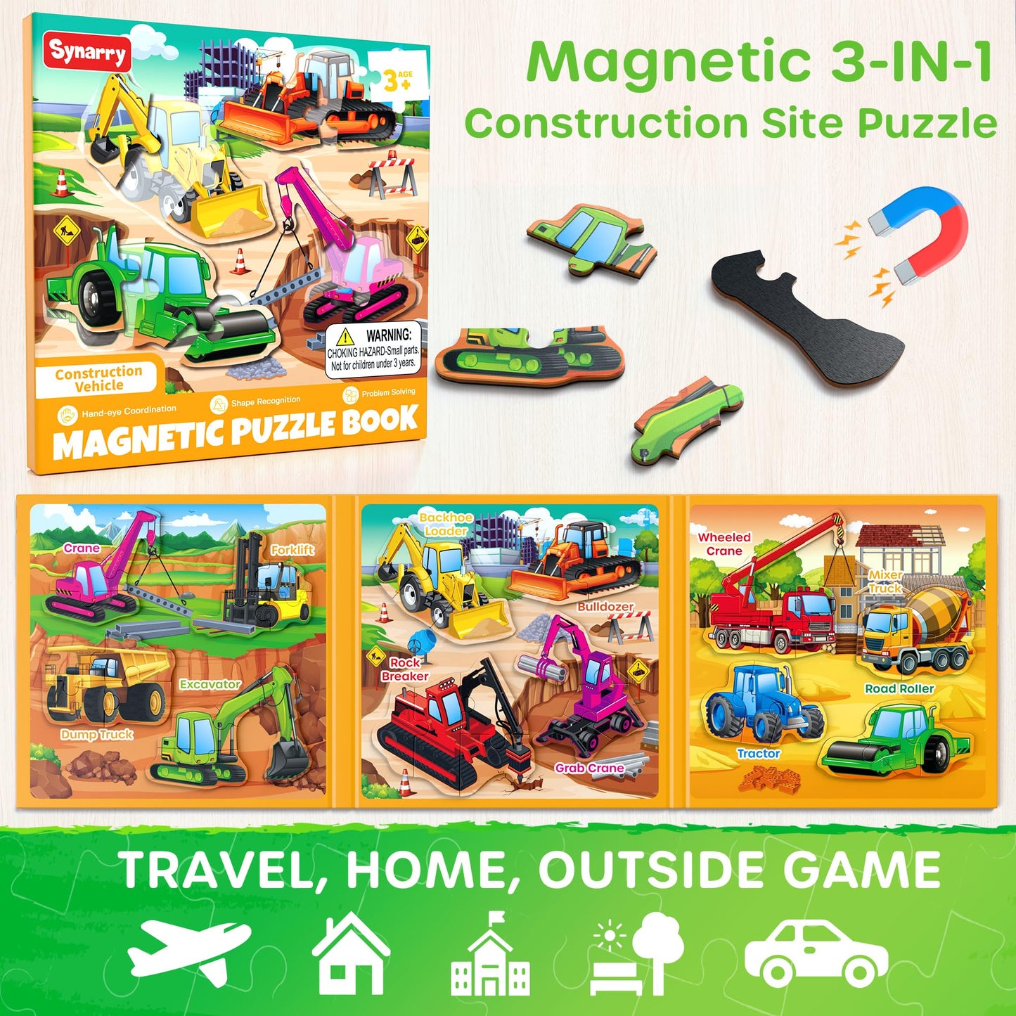 SYNARRY Magnetic Puzzles for Toddlers 3-5, Toddler Travel Toys Construction Toys Excavator Puzzles for Toddlers 2-4, Vehicle Puzzles for Kids Ages 4-6, Car Airplane Road Trip Activities Easter Gifts