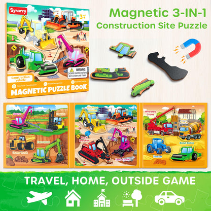 SYNARRY Magnetic Puzzles for Toddlers 3-5, Toddler Travel Toys Construction Toys Excavator Puzzles for Toddlers 2-4, Vehicle Puzzles for Kids Ages 4-6, Car Airplane Road Trip Activities Easter Gifts