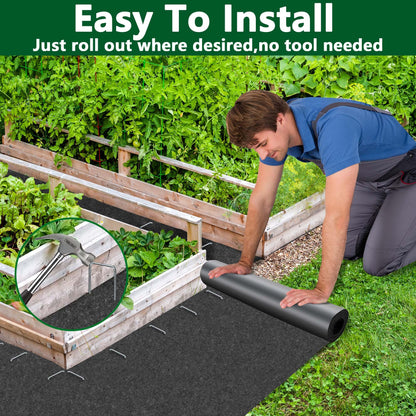 DECOHS 10 x 2 Ft Recycled Felt Mulch Mat Roll for Landscaping, Permanent Fabric Mulch Walkway Pathway Mat, Reusable Garden Pathway Mulch Barrier with 10 Stakes for Plants, Vegetable and Flower Outdoor