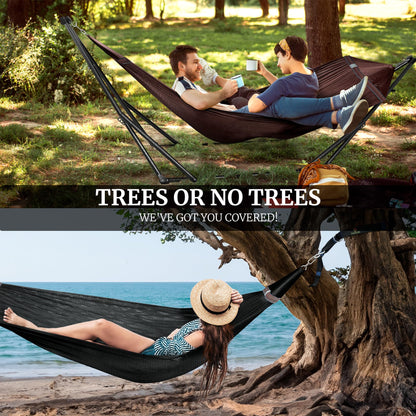Tranquillo Combo x2 Hammocks with Stand for Outside & Tree Straps, Heavy Duty Hammock with Stand 600lbs for Indoor Outdoor Patio Backyard, x2 Hammocks for 2 Person (Combo - Brown, Medium)