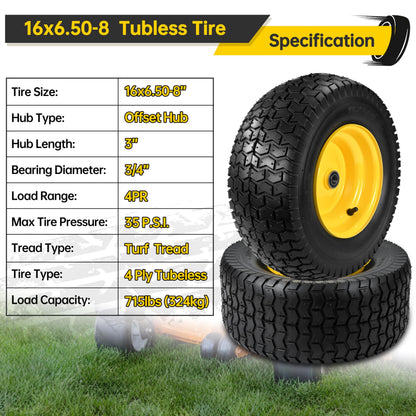 2 Pcs 16x6.50-8 Tubeless Lawn Mower Tire and Wheel, 16x6.5-8 Lawn Mower Tire, with 3/4" Bearing (extra 1" Bushing), 3-5" Offset Hub, 4-Ply Tubeless, 35 PSI, Fits Riding Mower & Lawn Tractors, 715 lbs