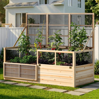AMERLIFE Raised Garden Bed with Hinged Fencing and Trellis, 18 Inch Deepened Wood Planter Box, 2 PCS Flip-up Front Panel, Easy Assembly, Ideal for Seed Starting and Growing Vegetables & Fruits
