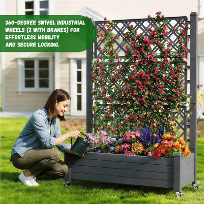 GYMHILL Elevated Raised Garden Bed with Trellis, 21 Gallon Self-Watering Outdoor Resin Planter Box with Lockable Wheels Drain Plug & Water Monitor for Plants Vegetables Flowers Fruits (Black)