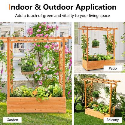 S AFSTAR Raised Garden Bed with Arch Trellis, Wood Planter Box with Hanging Roof, Side Trellis, 4 Drainage Holes, Above Ground Elevated Garden Bed for Outdoor Climbing Plants Vines Patio