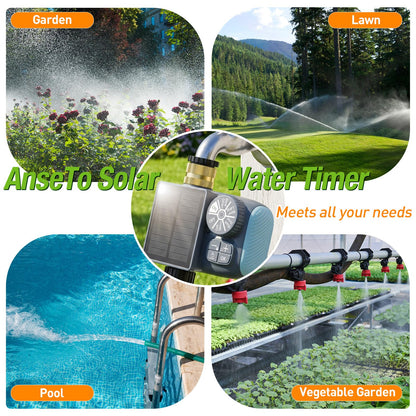 AnseTo Solar Sprinkler Timer, Solar & Type-C Rechargeable Water Timer for Garden Hose, Programmable Faucet System with Rain Delay/Manual/Auto Mode, Digital Irrigation Controller for Lawn/Yard/Pool